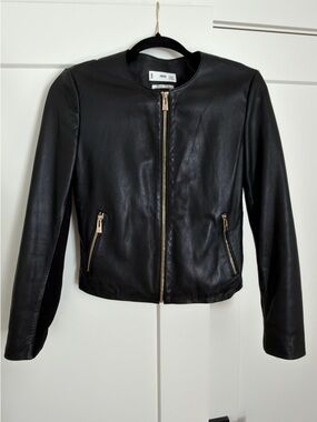 Mango Black Leather Jacket with Gold Zippers